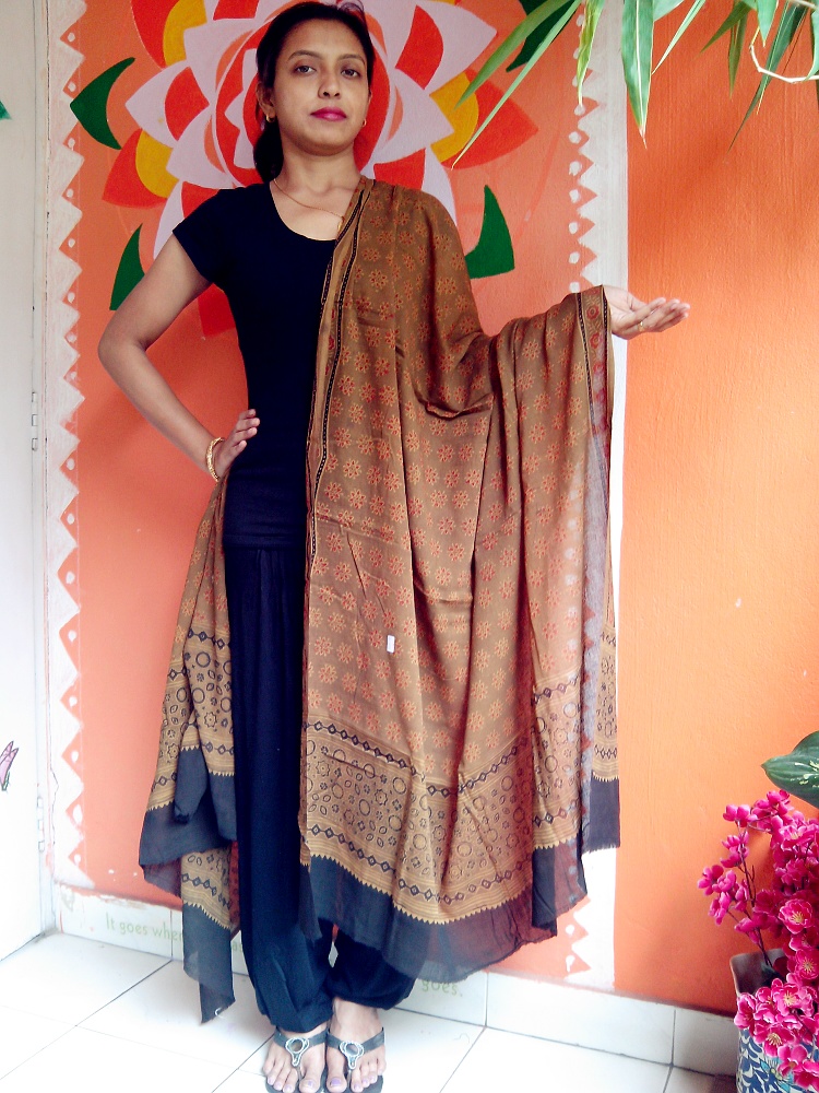 Fursaat - -Chrome Yellow Ajrakh-Printed Premium HandWoven Muslin Cotton Dupatta --Your Fashion Accessory.