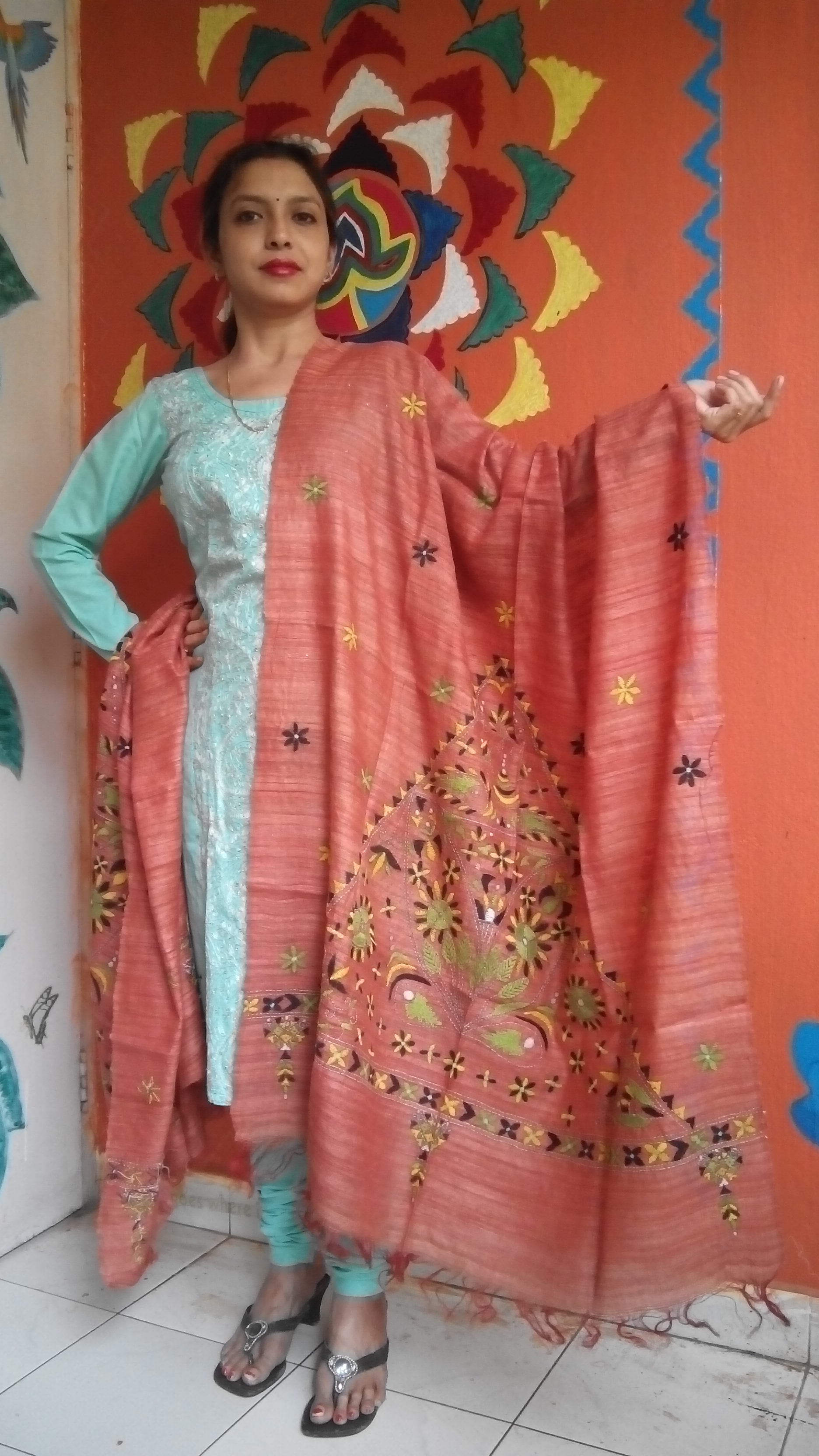 Uzbeck Peach - Bengal Nakshi Kantha Embroidered Tussar Gicha Silk Handloom Duppatta.