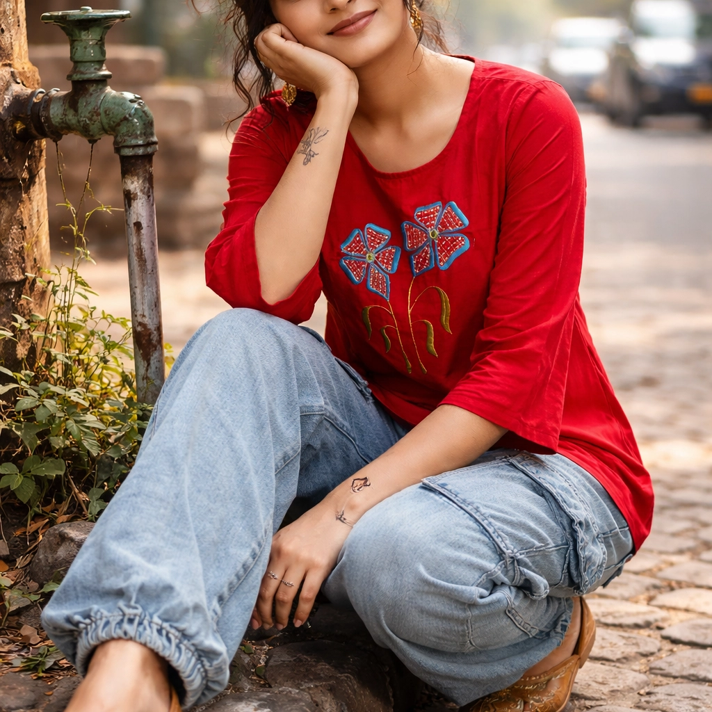 SUNNY BLISS - Peplum Hem Fitted pleated V Neck Sleeveless Top in Haze Red.