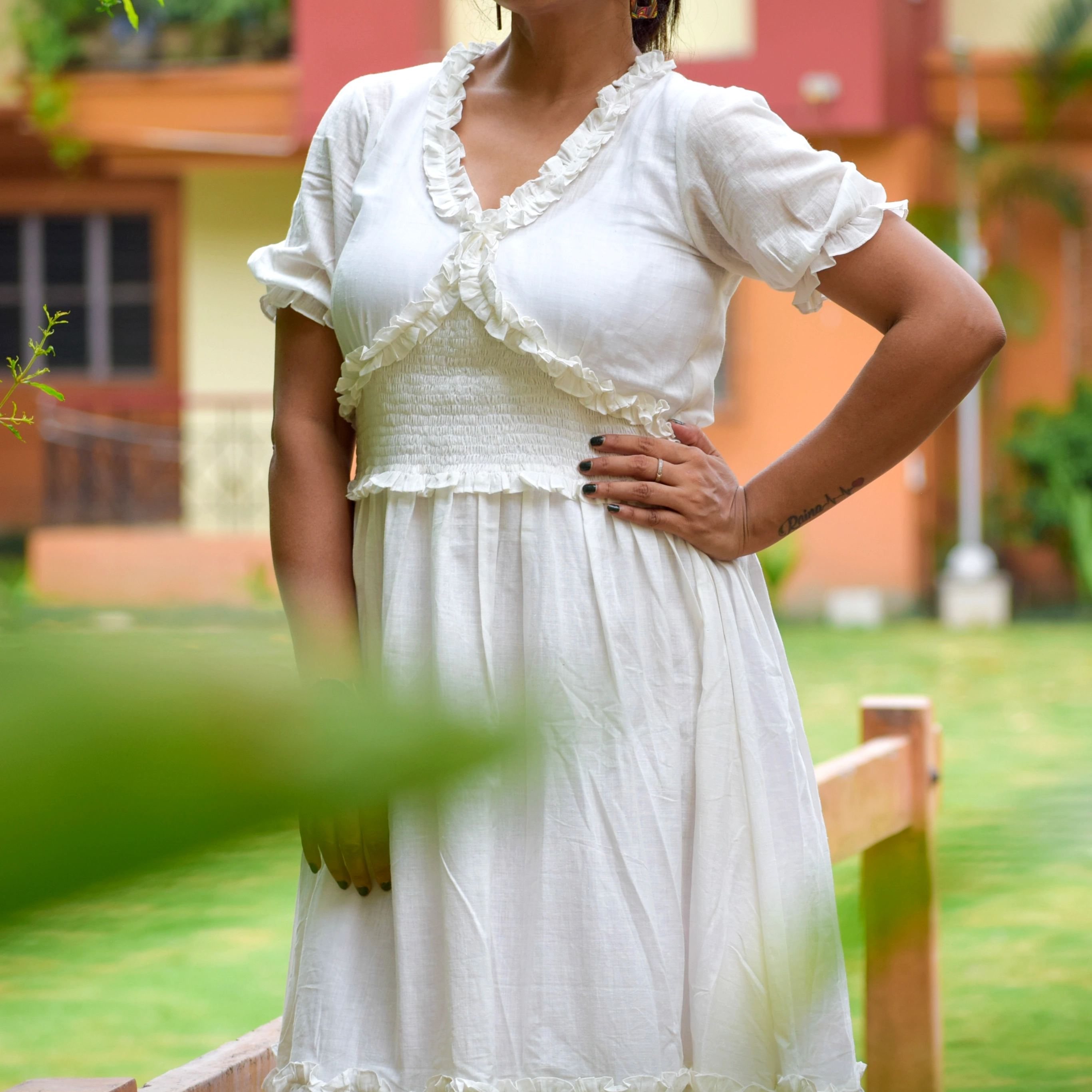 KHAMSIN TALES - Puff Sleeved,Front lace highlight Handcrafted Premium /Party Dress/White Summer Special Dress