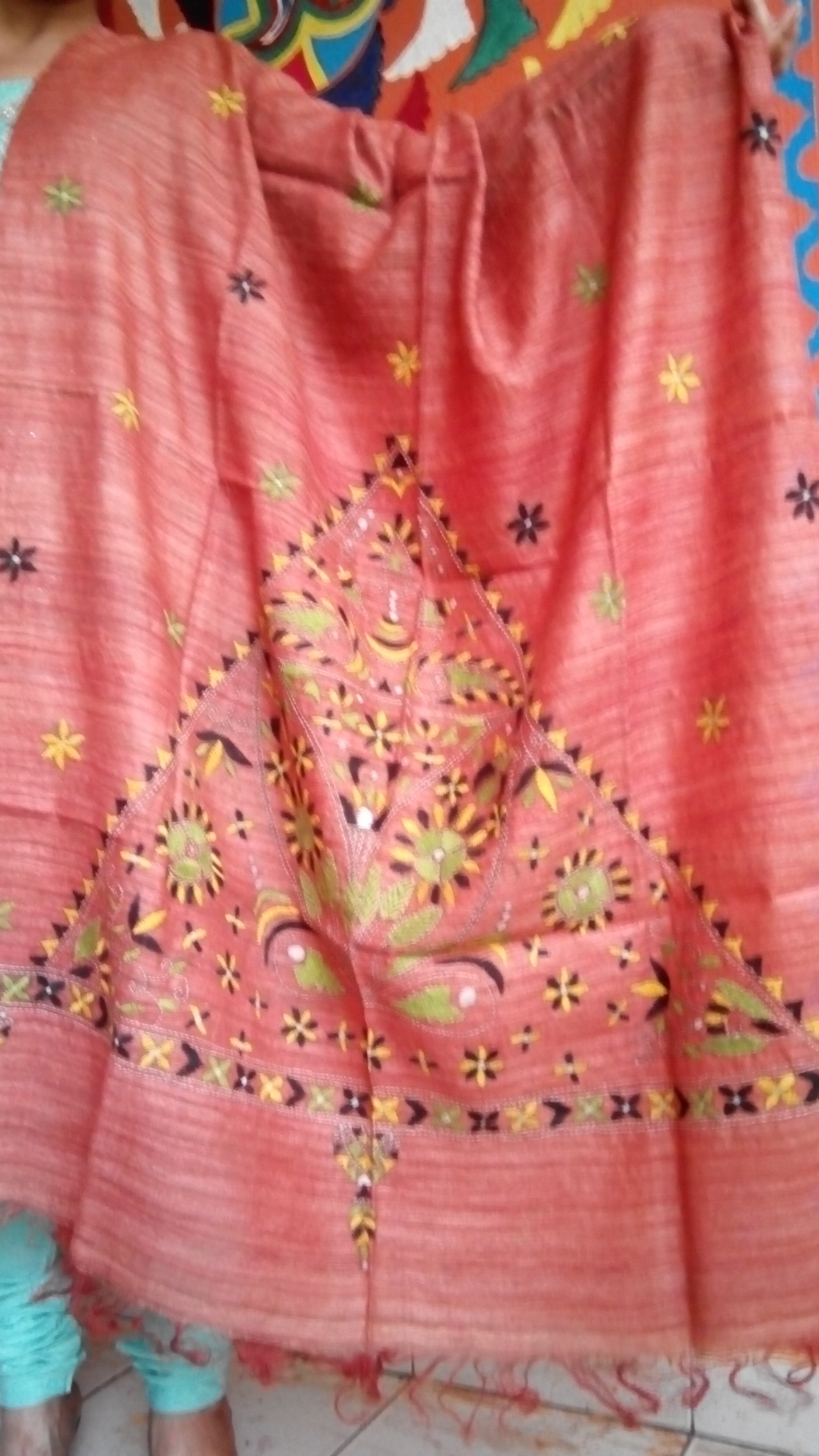 Uzbeck Peach - Bengal Nakshi Kantha Embroidered Tussar Gicha Silk Handloom Duppatta.