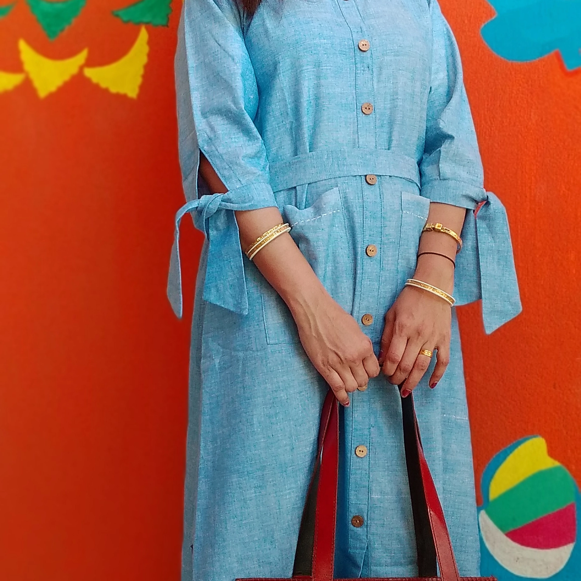 CRYSTAL- Tie Knot 3 Quater Sleeves Flared Belted Summer Cotton Designer wear.