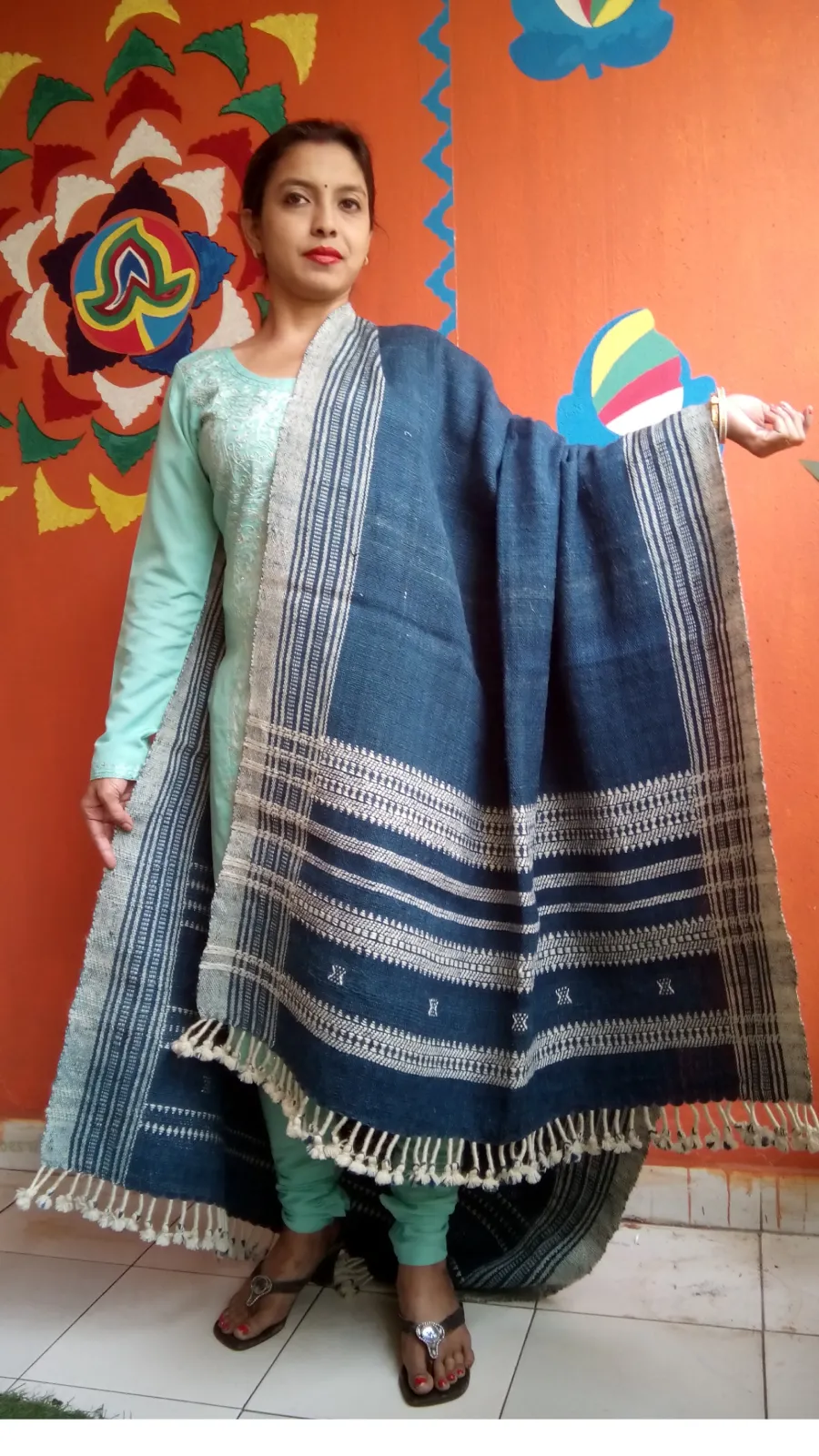 Deserts of Rann- Warmth of Desert. | Bhujodi Handwoven Desi Sheep Wool Shawl - Deep Indigo Blue.
