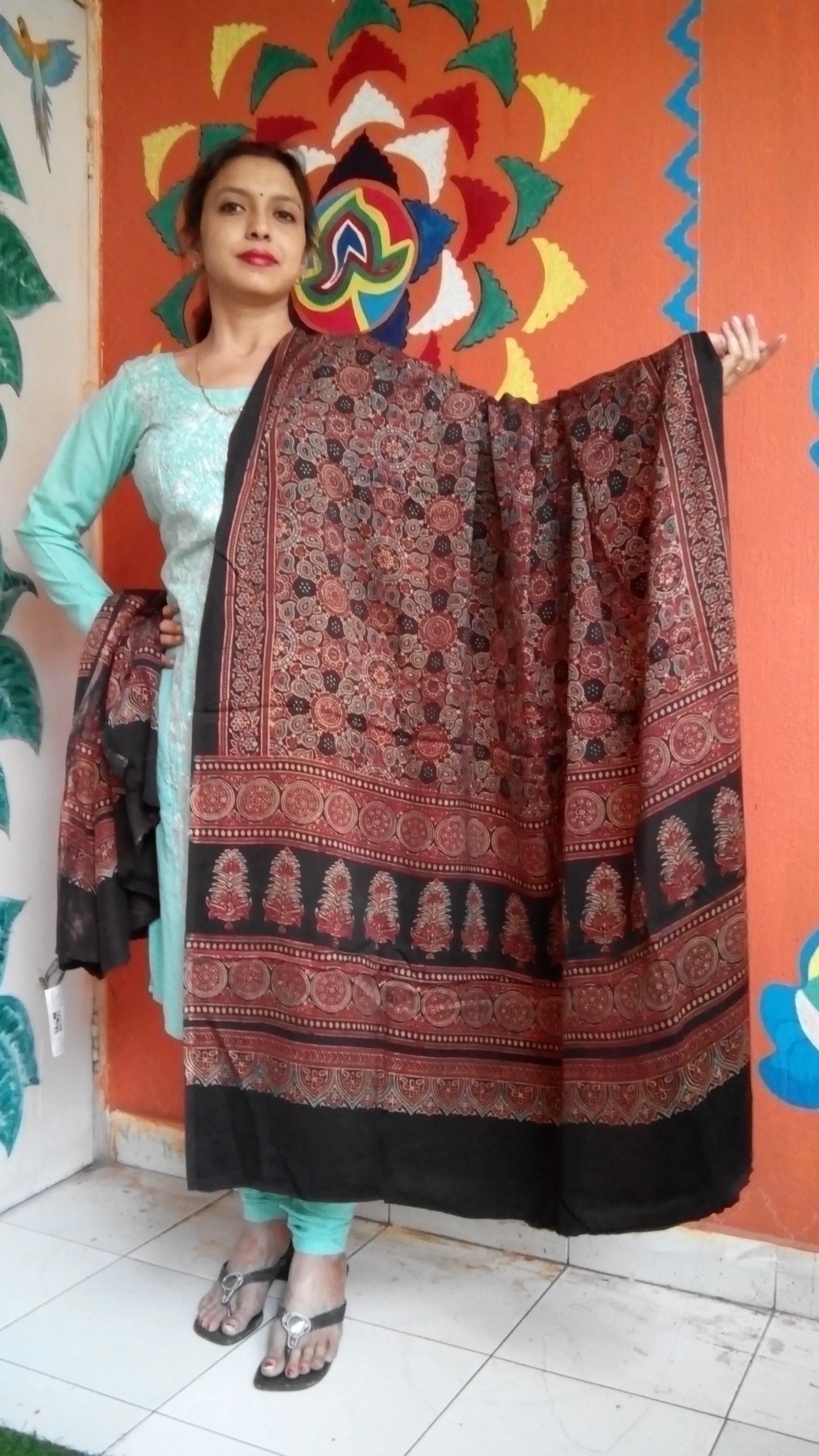 Nazuk- Rust Brown & Black Ajrakh-printed Premium Modal Silk Dupatta --Sustainably Fashionable.