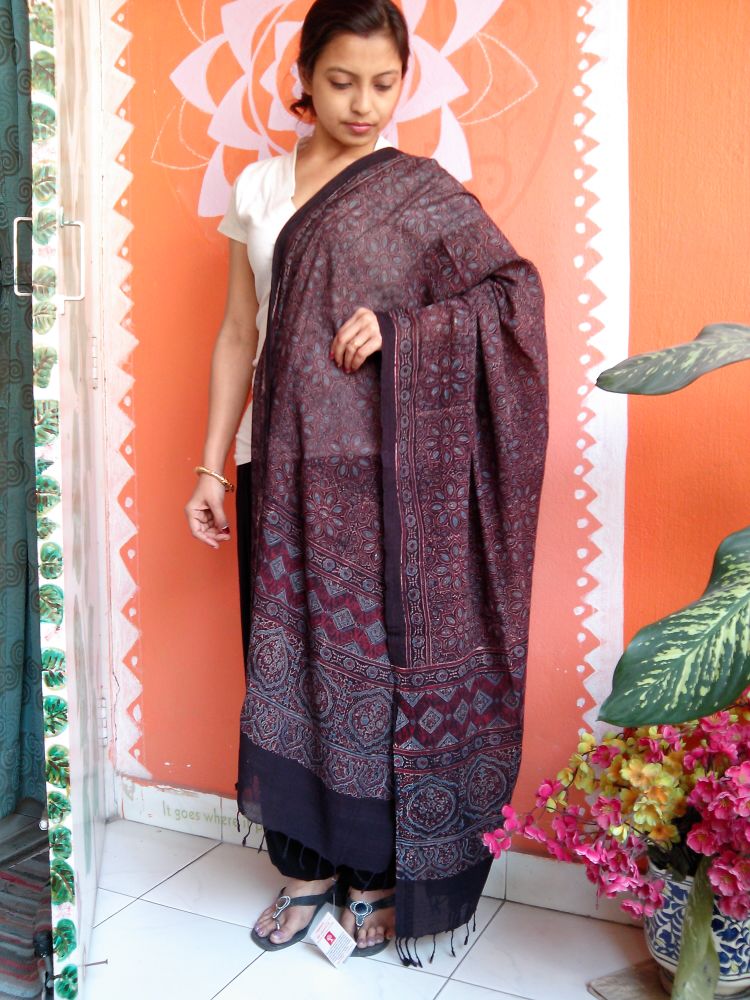 Kasafal- Rust Brown & Black Ajrakh-printed Premium HandWoven Muslin Cotton Dupatta --Elegantly Sustainable.