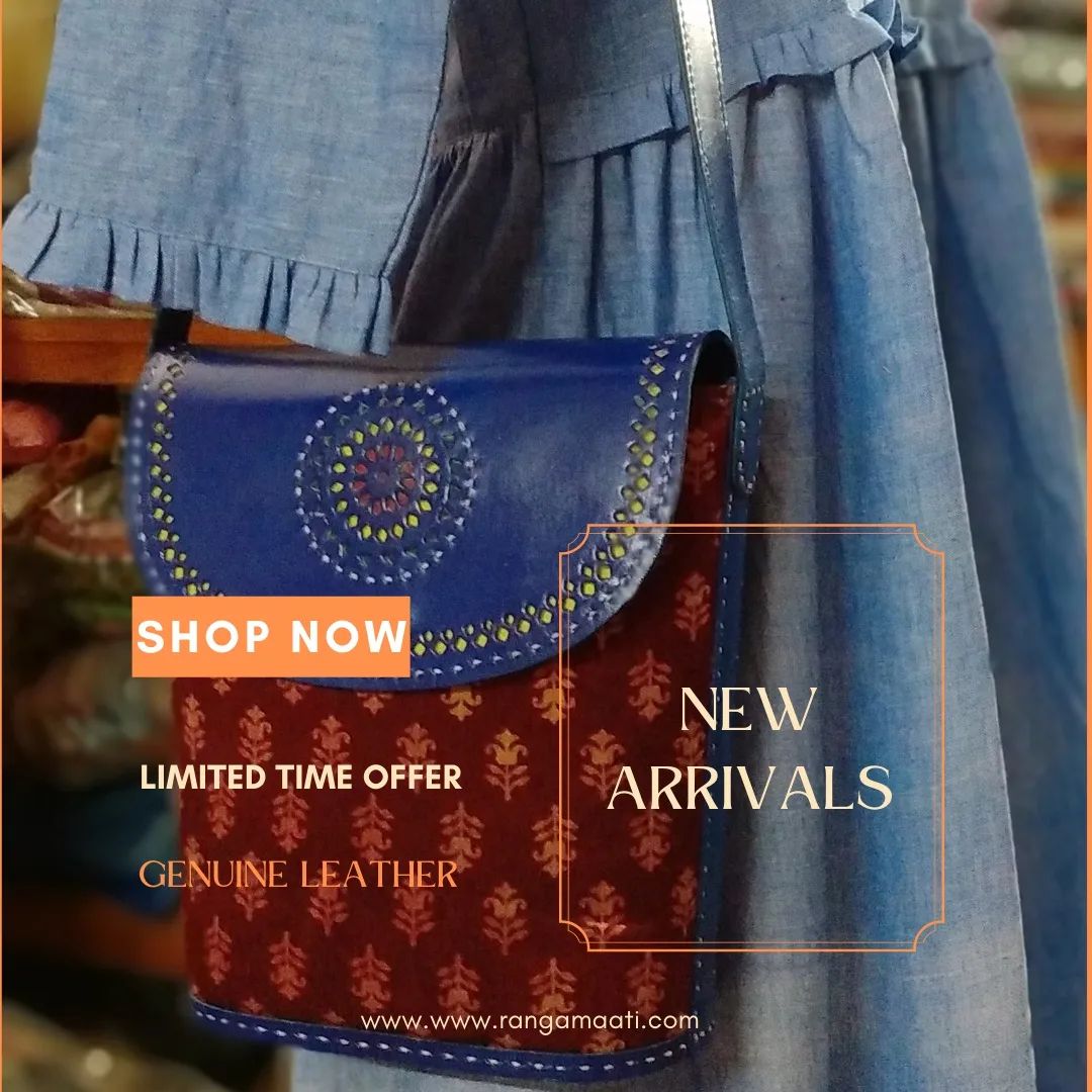 Stitched Elegance - Handcrafted Ajrakh Mashru Silk & Cruelty Free Leather Sling Bag