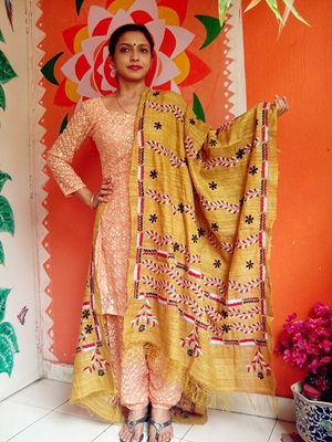 Matt Chrome Yellow - Bengal Nakshi Kantha Embroidered Tussar Gicha Silk Handloom Duppatta.