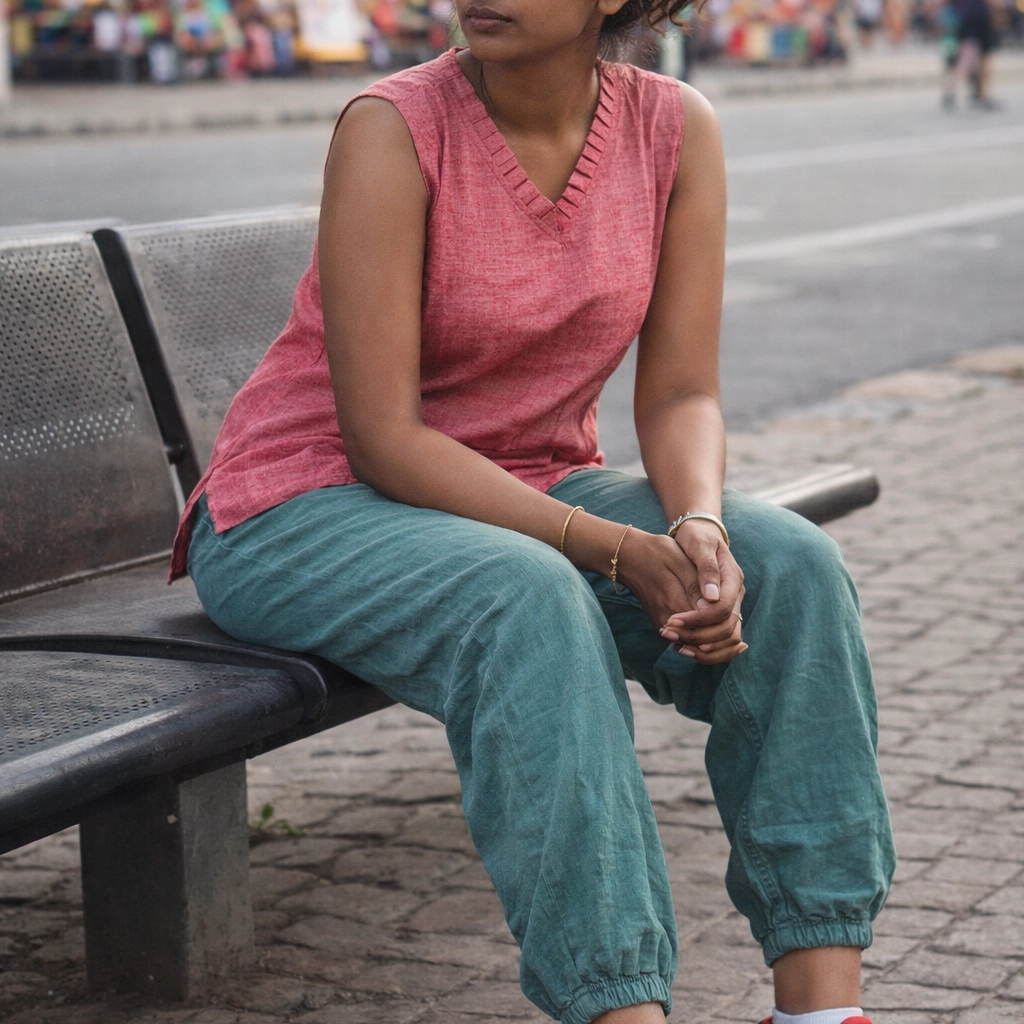 CANDY FLOSS - Peplum Hem Fitted pleated V Neck Sleeveless Top in Haze Red.