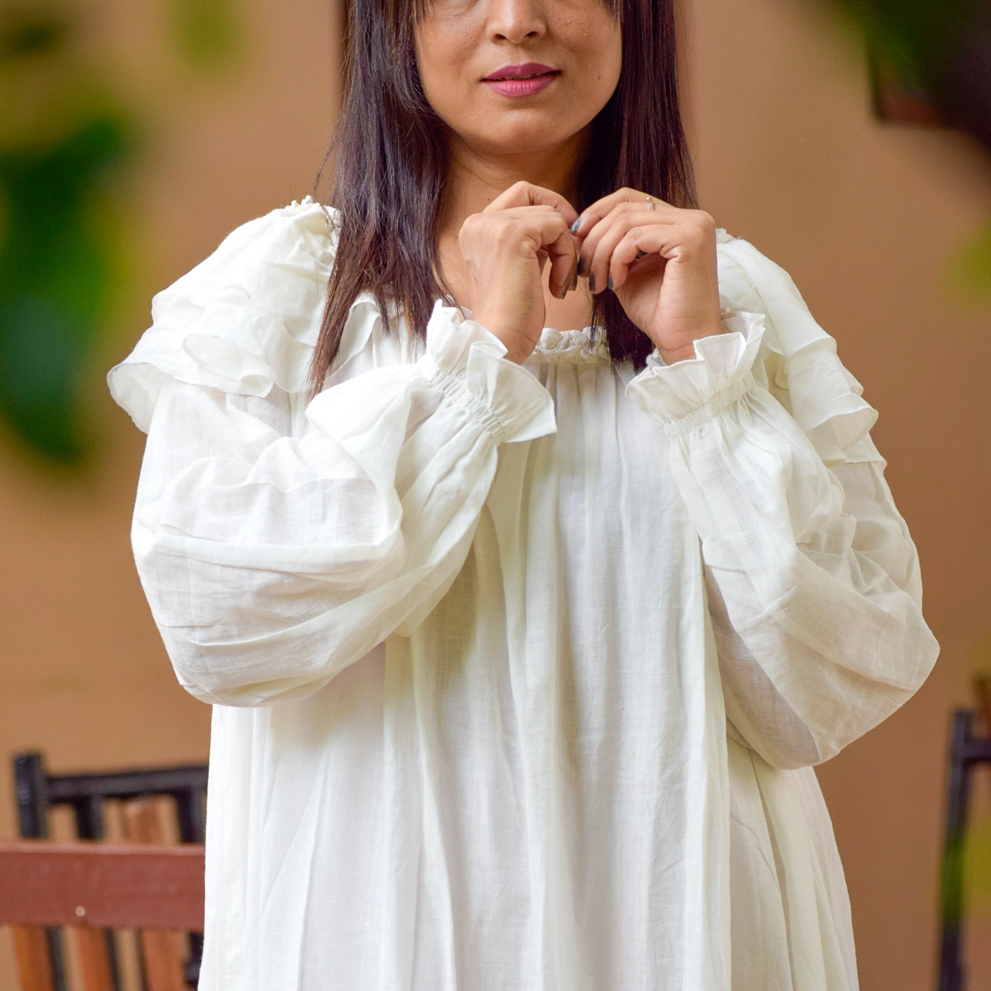 AEOLIAN FANTASY-Muslin Cotton Long & Loose Designer Maxi Dress with Ruffled Full Sleeves | Casual Retro Summer Dress .