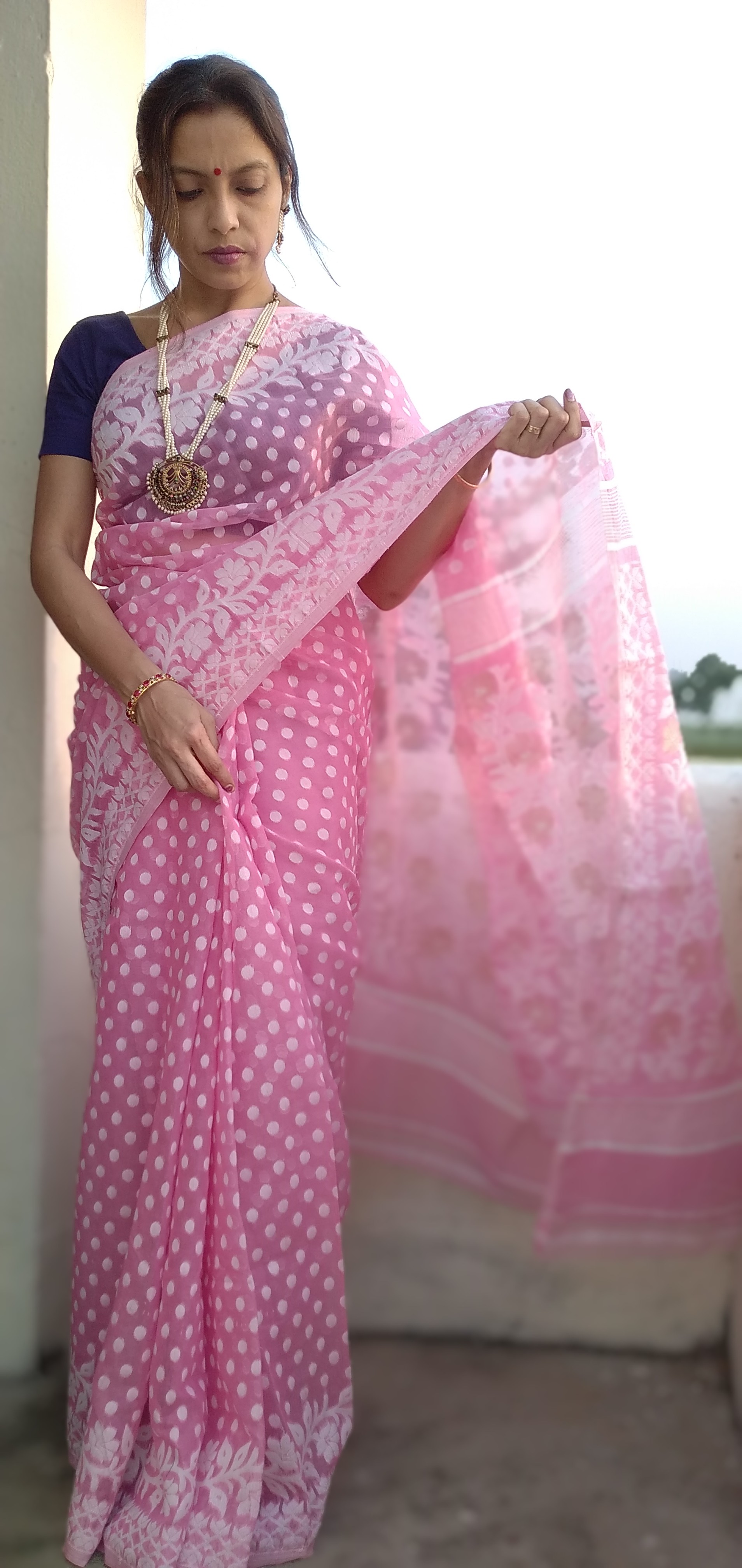 GOLAPI- Premium HandWoven Quality Muslin Cotton Jamdani Saree in Ice Blue tone with off White Thread & Zari Work.