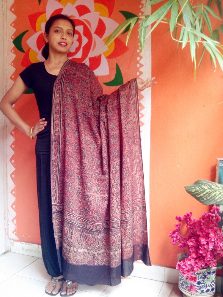Wadhiya- Madder Red Ajrakh-Printed Premium HandWoven Muslin Cotton Dupatta --Organic Fashion Accessory.