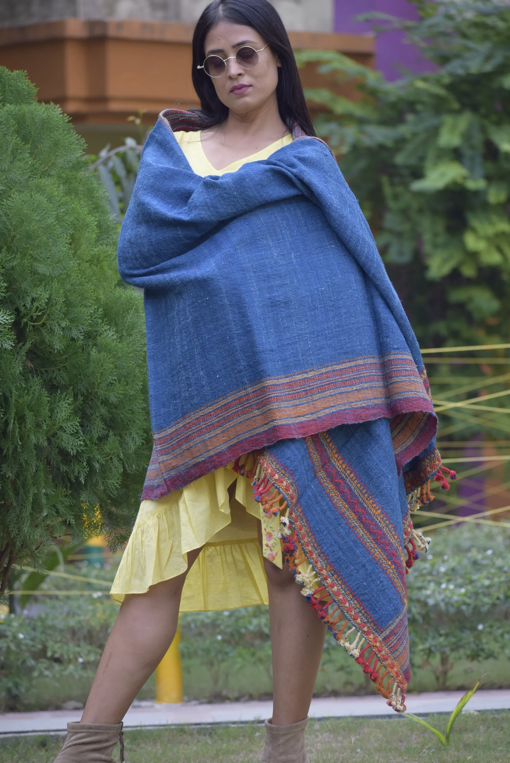 Sands of Time- Warmth of Desert.l Bhujodi Handwoven Desi Sheep Wool Shawl - Matt Indigo Blue.