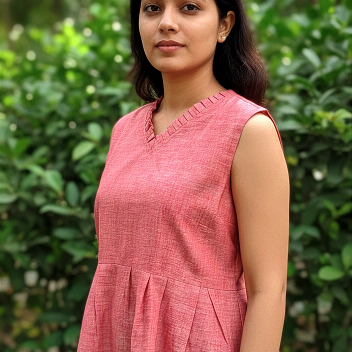 SUNNY BLISS - Peplum Hem Fitted pleated V Neck Sleeveless Top in Haze Red.