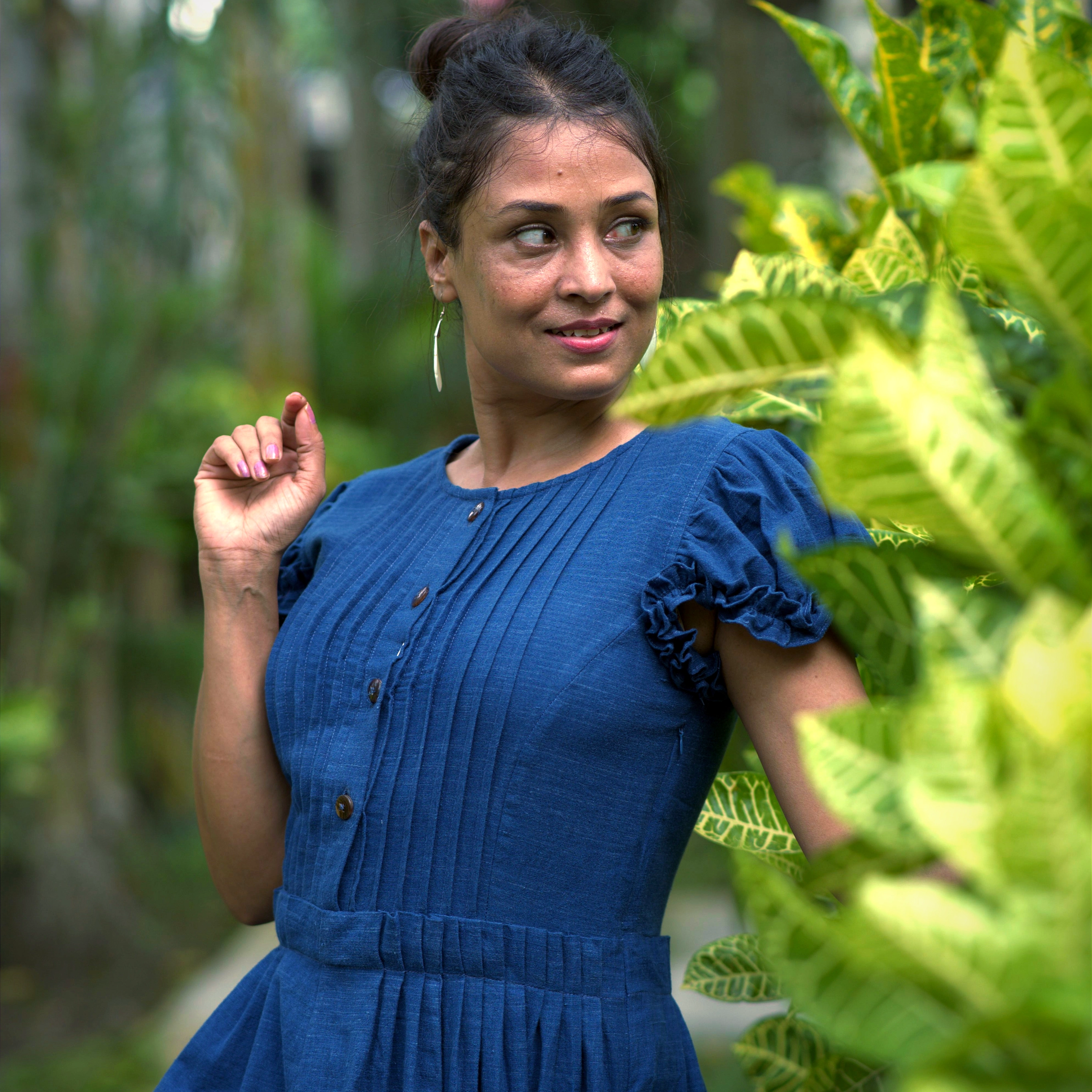 DAMSEL'S JOY - Puff Ruffle Sleeved,Front Buttoned  Indo Western Flared Summer Dress.