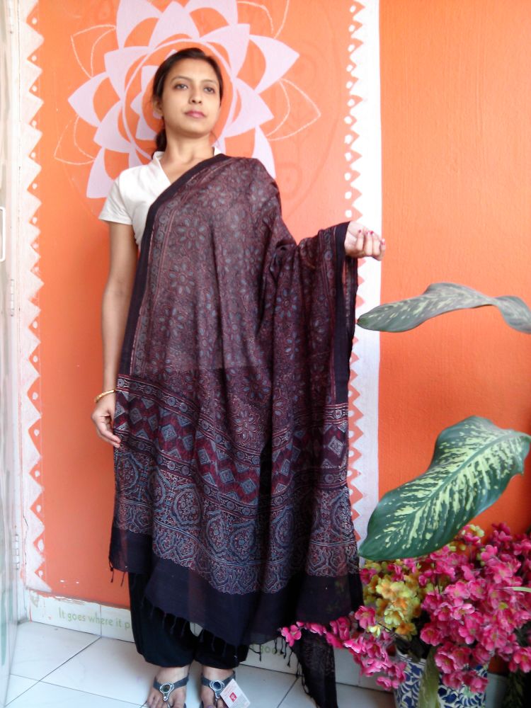 Kasafal- Rust Brown & Black Ajrakh-printed Premium HandWoven Muslin Cotton Dupatta --Elegantly Sustainable.