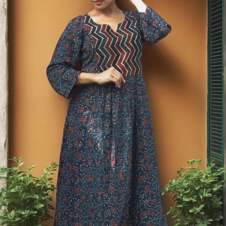 NAZRET -Smart fit, Ajrakh Hand block printed cotton Flared Kurta with round V neck and palazzo set.