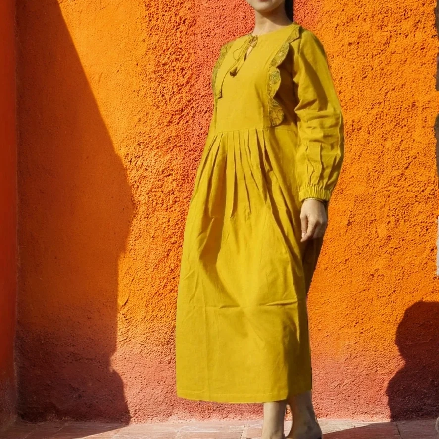 MYKONOS -Smart fit,lantern Sleeves Chrome Yellow Dress with round Stringed Neck.