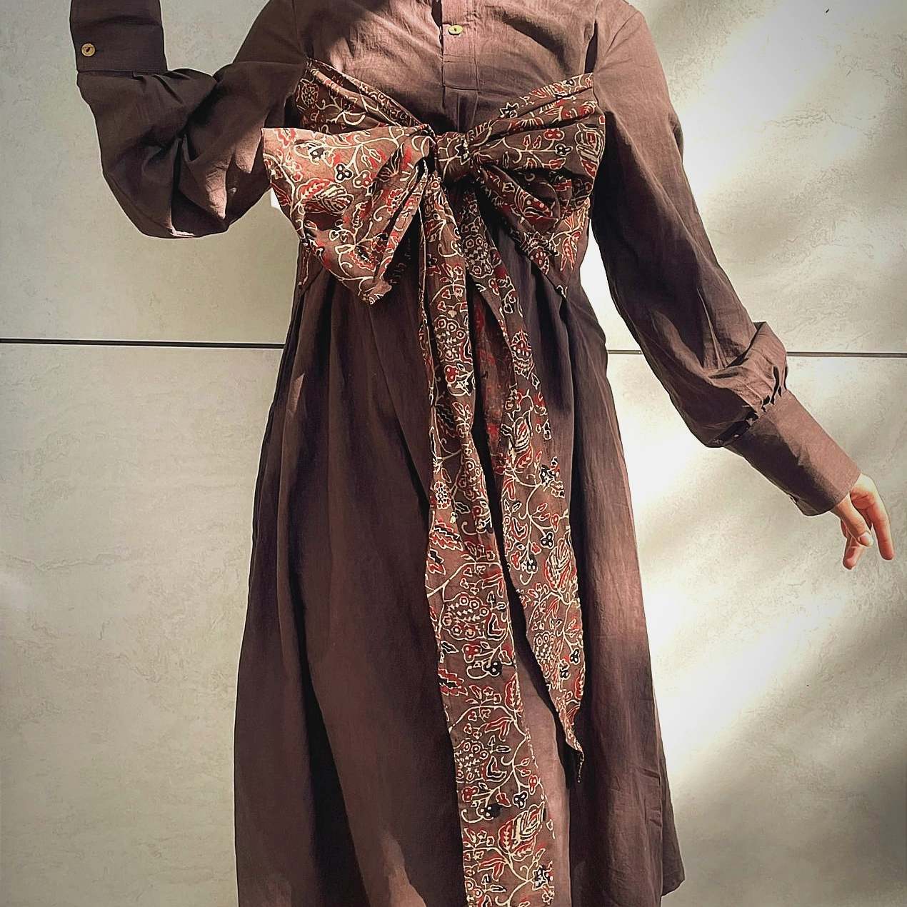 AKROTIRI  -  Lantern Sleeves Shirt Collared A Line Dress with a Big Stylish Adjustable Bow.