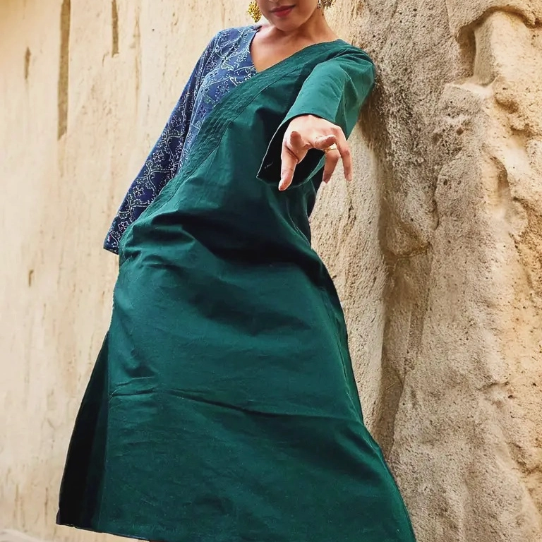 ABASHA - Free Flow Sleeve and Neck Line Ajrakh block Printed highlighted Maxi Dress.