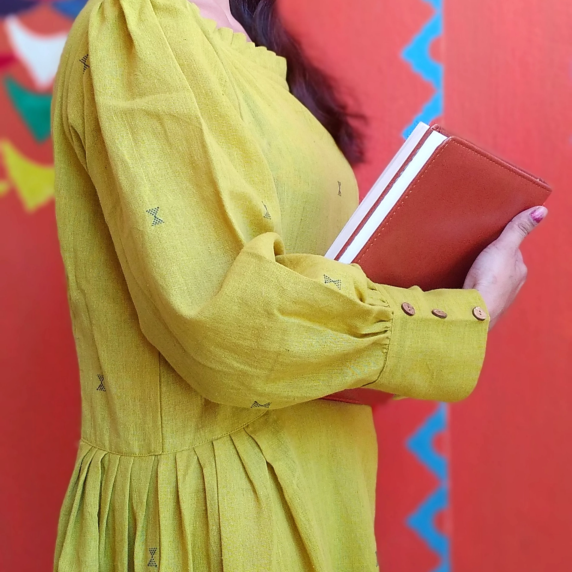 MONOLOGUE - Chrome Yellow -Pleated Round-Neck ,long Sleeved,Fit & Flare Dress