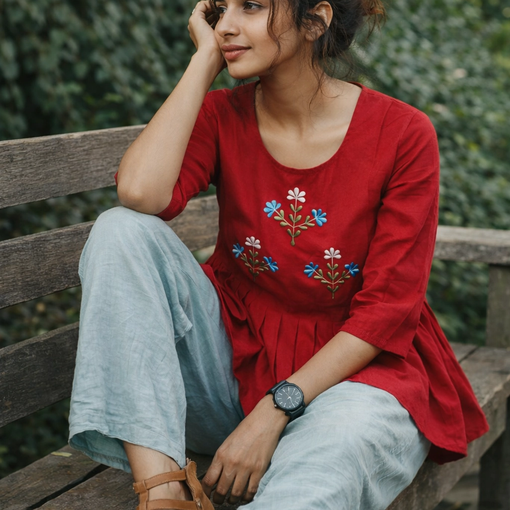 SUNNY BLISS - Peplum Hem Fitted pleated V Neck Sleeveless Top in Haze Red.