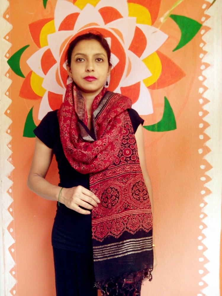 Gulshaan -Muze Red Ajrakh-printed Linen Dupatta With Zari Border --Your Must have Accessory.