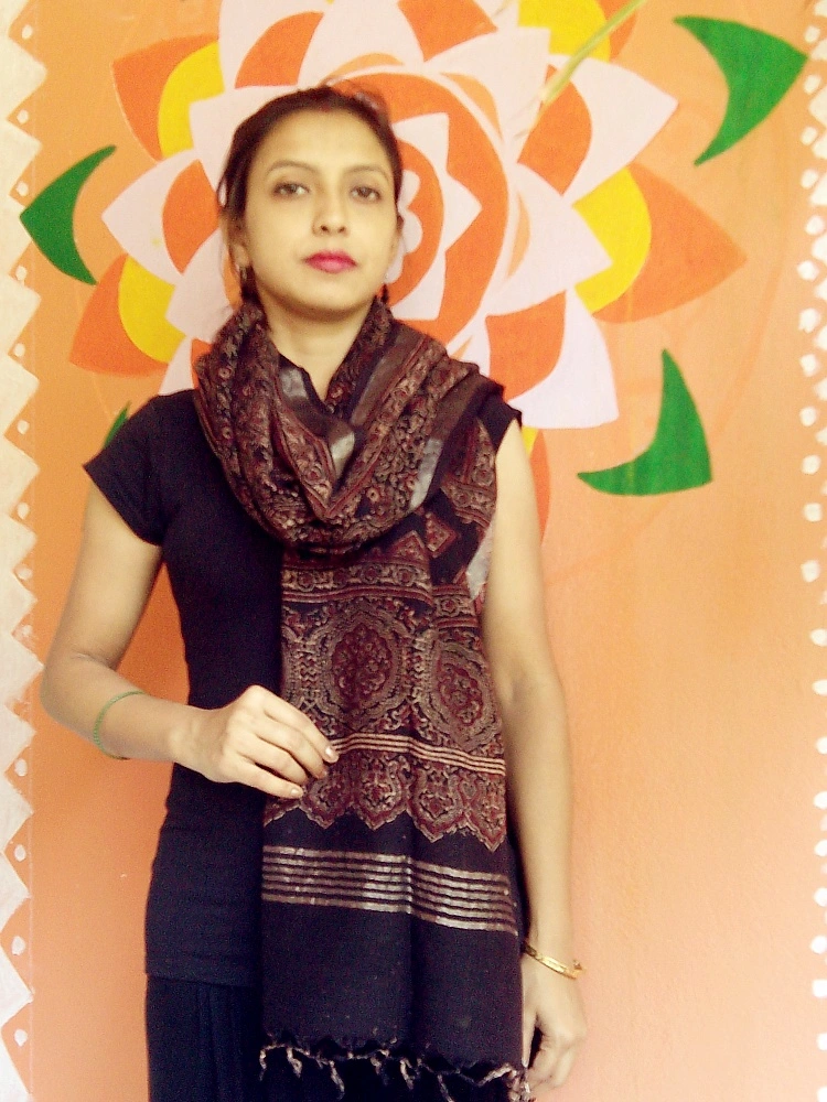 Shayara -Umber Brown Ajrakh-printed Linen Dupatta With Zari Border --Style signature Accessory.
