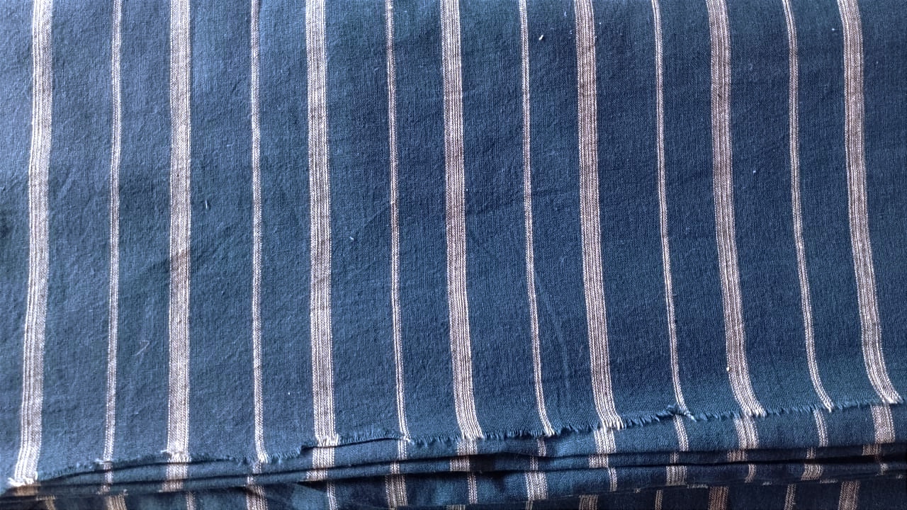 Organic Indigo Dyed 24/20 DT Cotton Hand-Woven Thick & Thin Striped Fabric..
