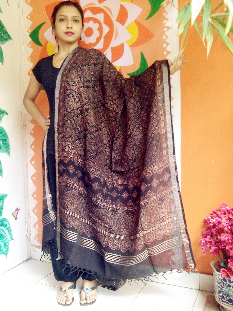 Shayara -Umber Brown Ajrakh-printed Linen Dupatta With Zari Border --Style signature Accessory.