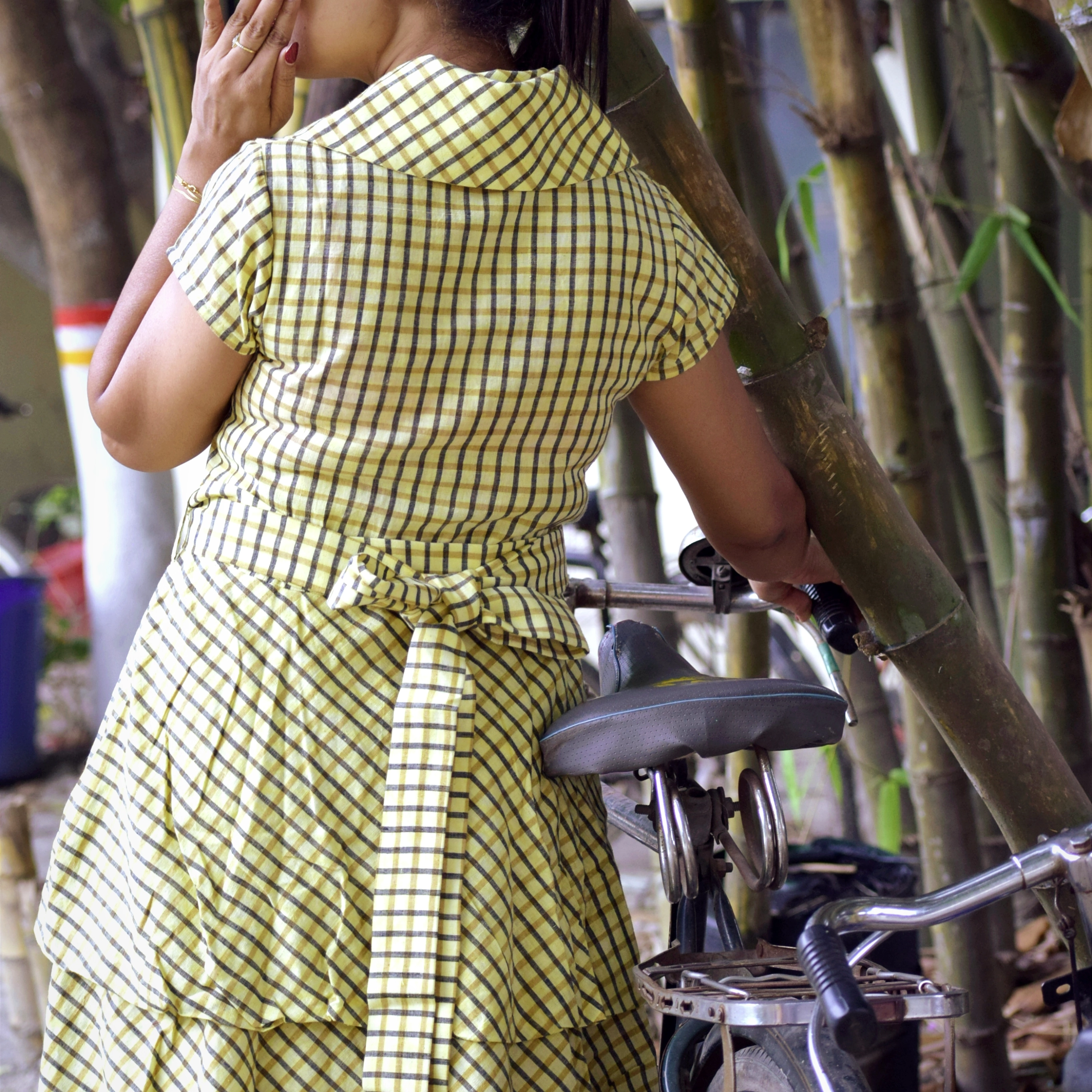 OYSTER BAY - Handcrafted Flattering wrapped and ruched Tartan Dress with V Neck & Short Sleeves.