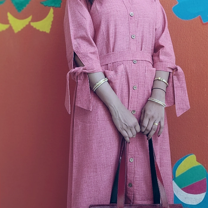 CRYSTAL lll- Tie Knot 3 Quarter Sleeves Flared Belted Summer Cotton Designer wear.