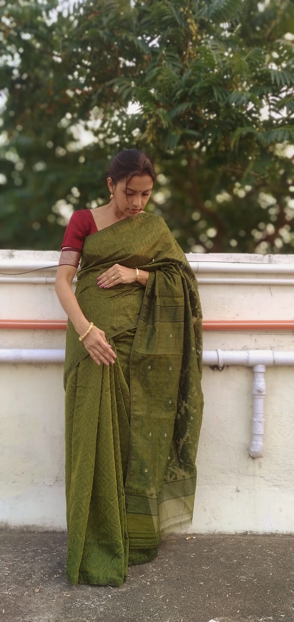 KAMRANGA-Premium Quality Muslin Cotton Jamdani Saree in Olive Green Grey tone with off White Thread Work