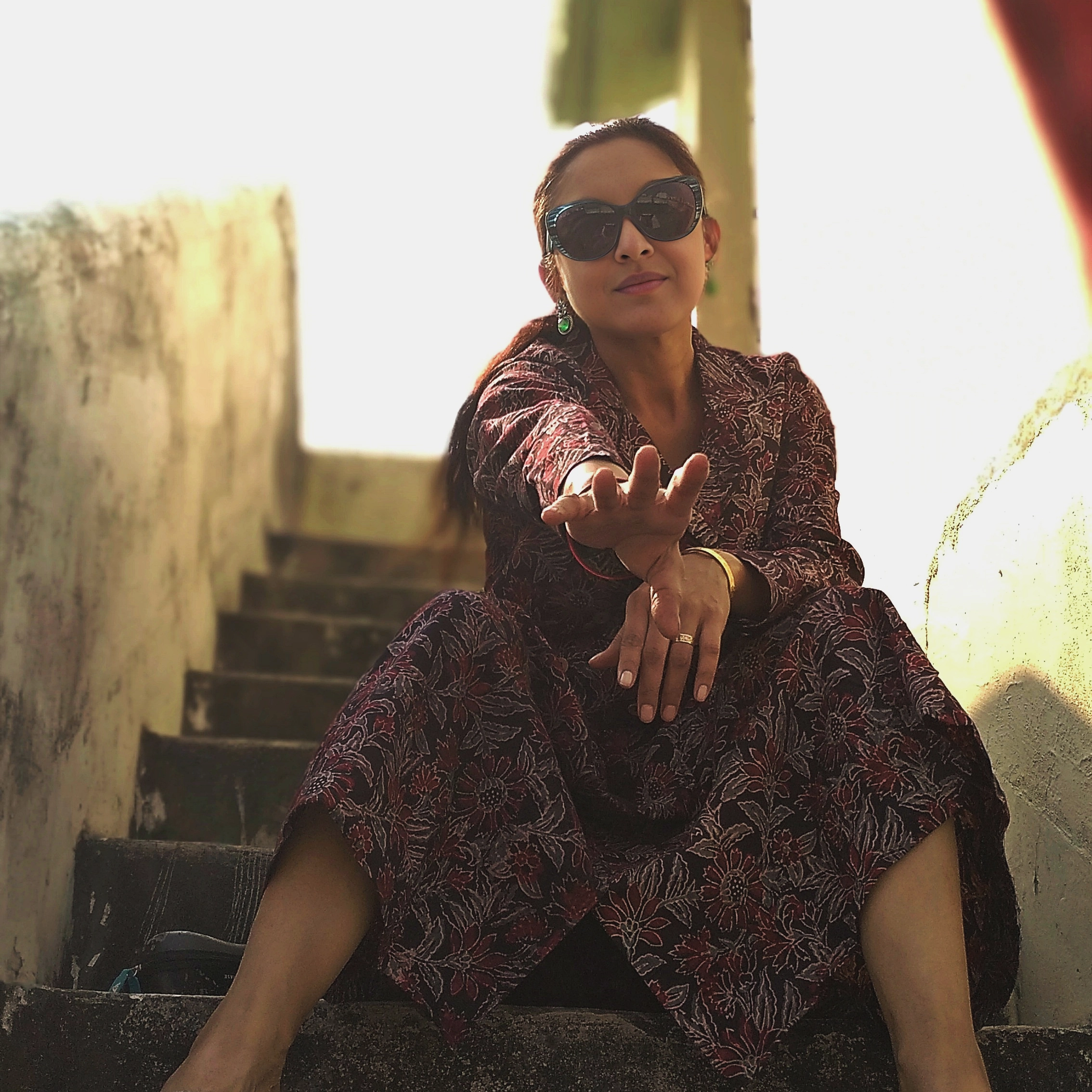 MAUI- Floral Ajrakh handblock printed Lantern Sleeves warm Chocolate Collared A Line Dress.