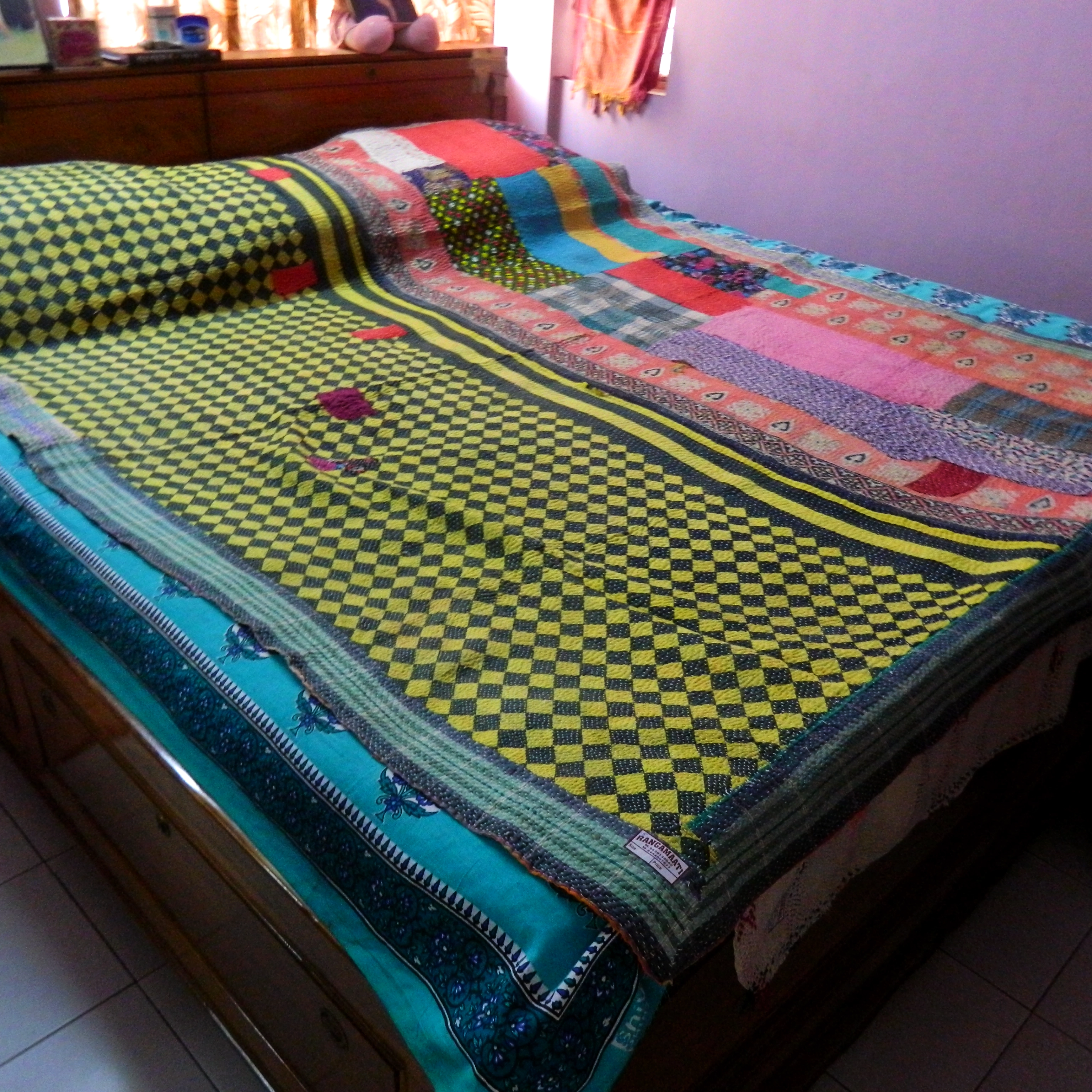 THREADED TALES  - Reversible Double Sided Floral Geometric Pattern Stitched Kantha Quilt -[4 Layers]