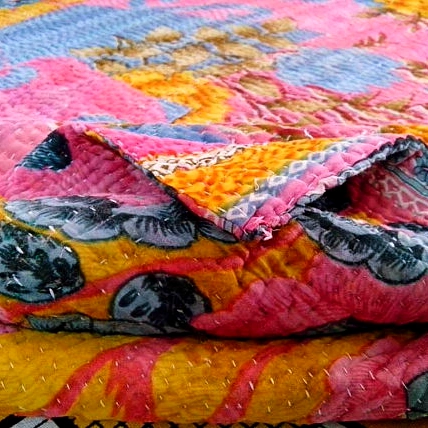 VALLEY OF FLOWERS- Reversible Floral Pattern Hand Stitched Thick Kantha Quilt -[6 Layers]