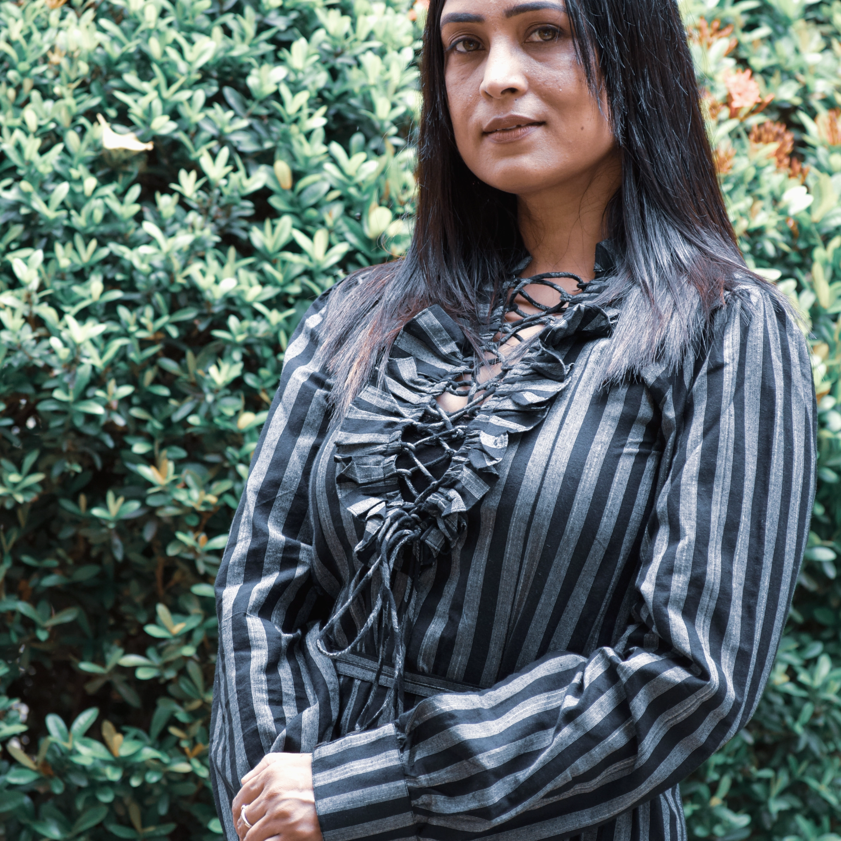 WANDERER'S SOUL ll ~ Solid Front Ruffle Trim Drawstring Lace Up V-Neck Full Sleeve Victorian Styled Dress.