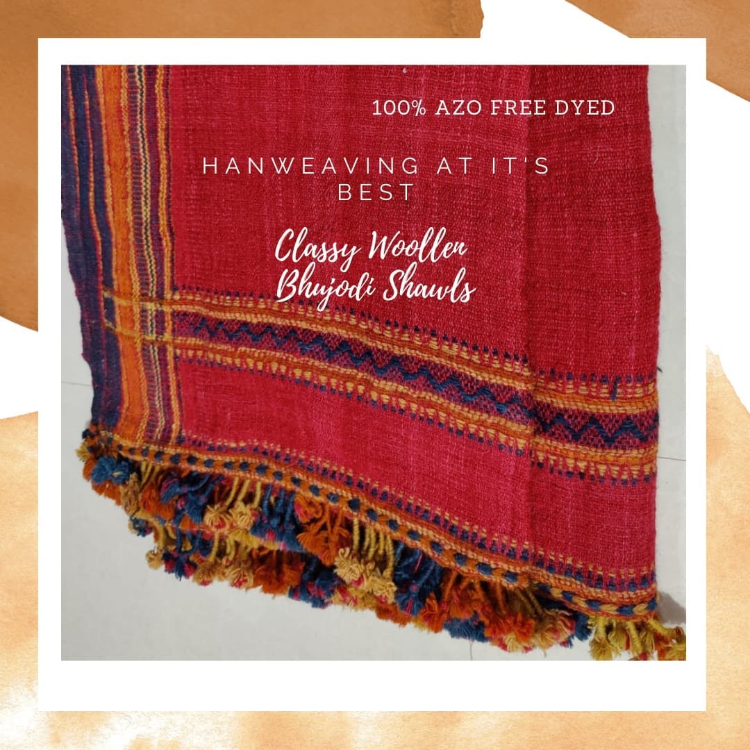 Desert Rose - Warmth of Desert.l Bhujodi Handwoven Desi Sheep Wool Shawl - Fuze Red.