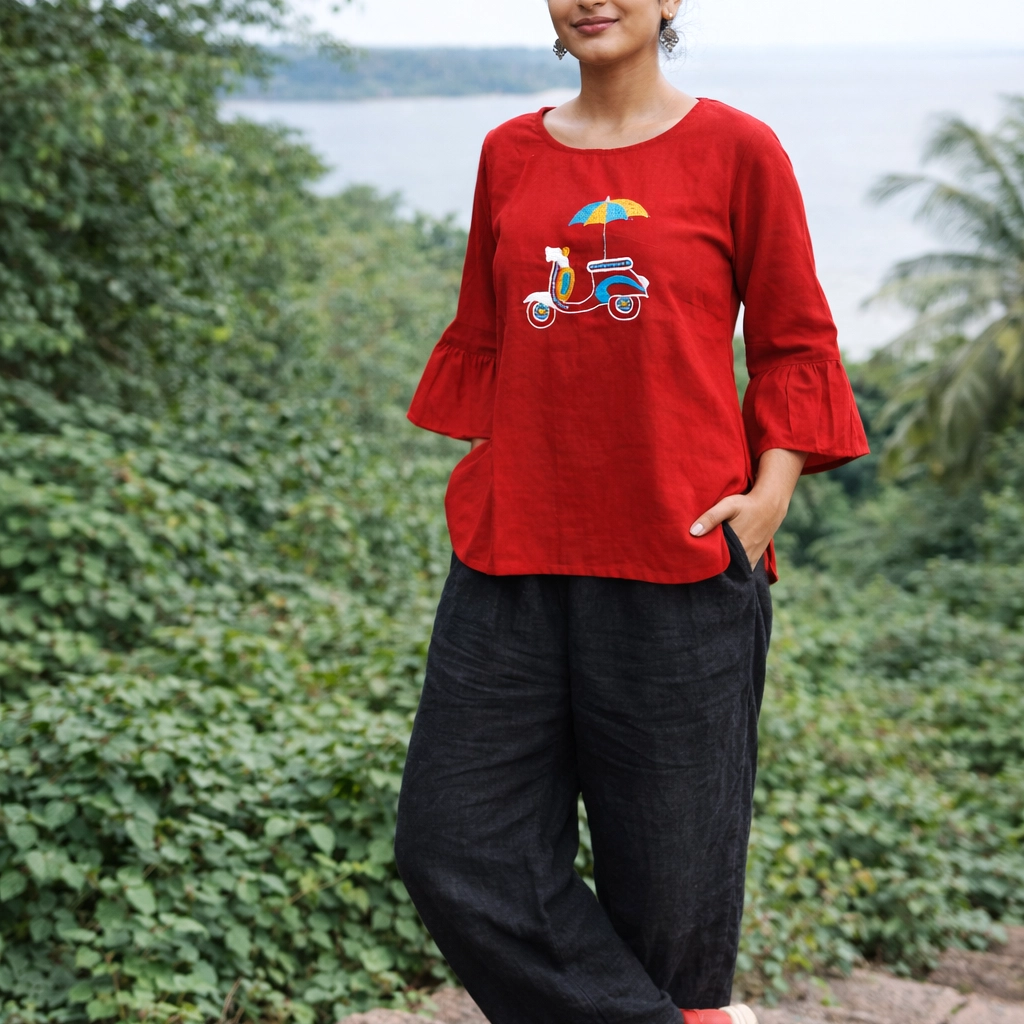 SUNNY BLISS - Peplum Hem Fitted pleated V Neck Sleeveless Top in Haze Red.