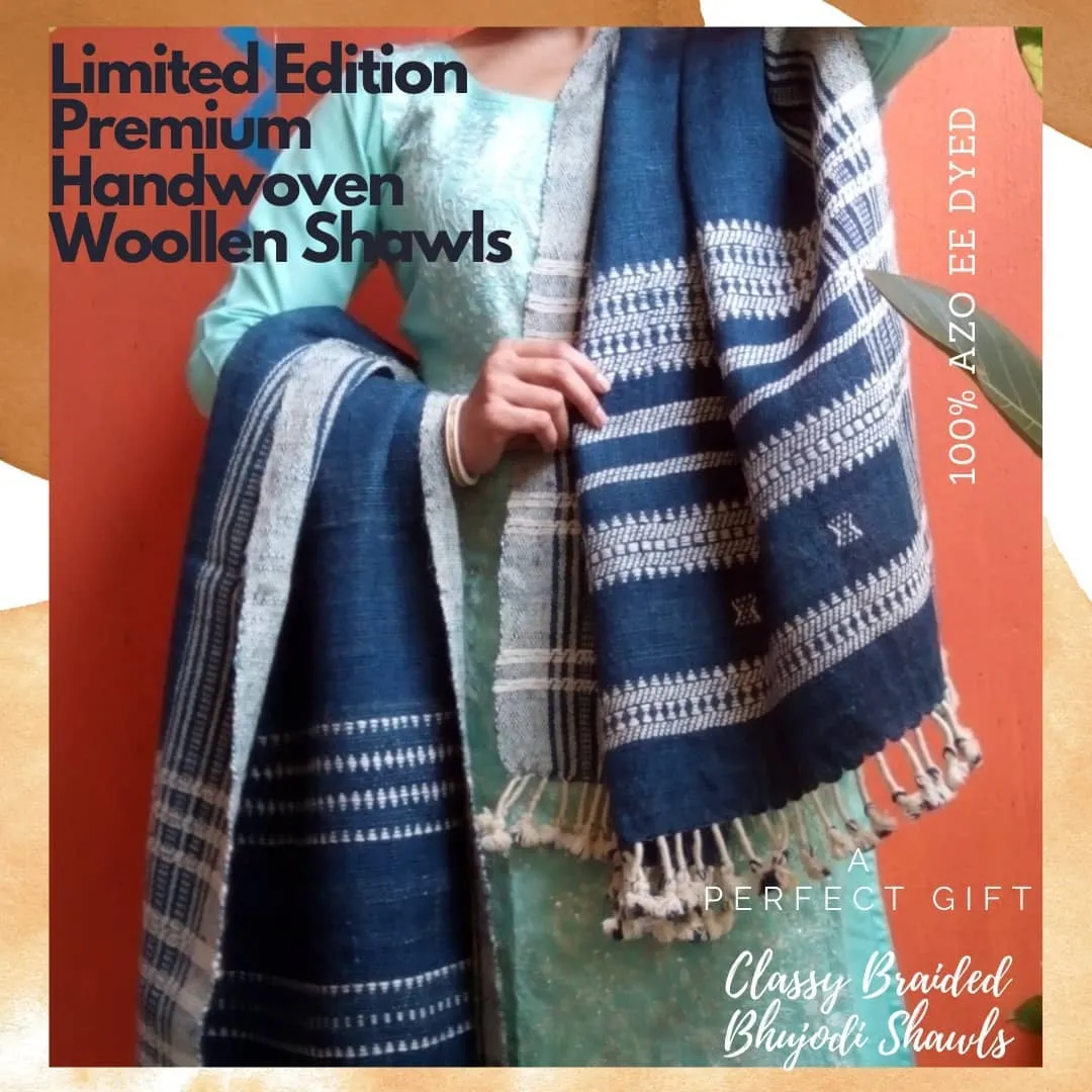 Deserts of Rann- Warmth of Desert. | Bhujodi Handwoven Desi Sheep Wool Shawl - Deep Indigo Blue.