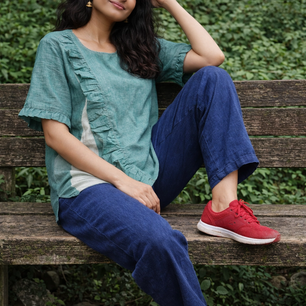 GREEN TRAILS -Side Frilled,Sleeves pleated Shallow Neck Top in Mint Green.