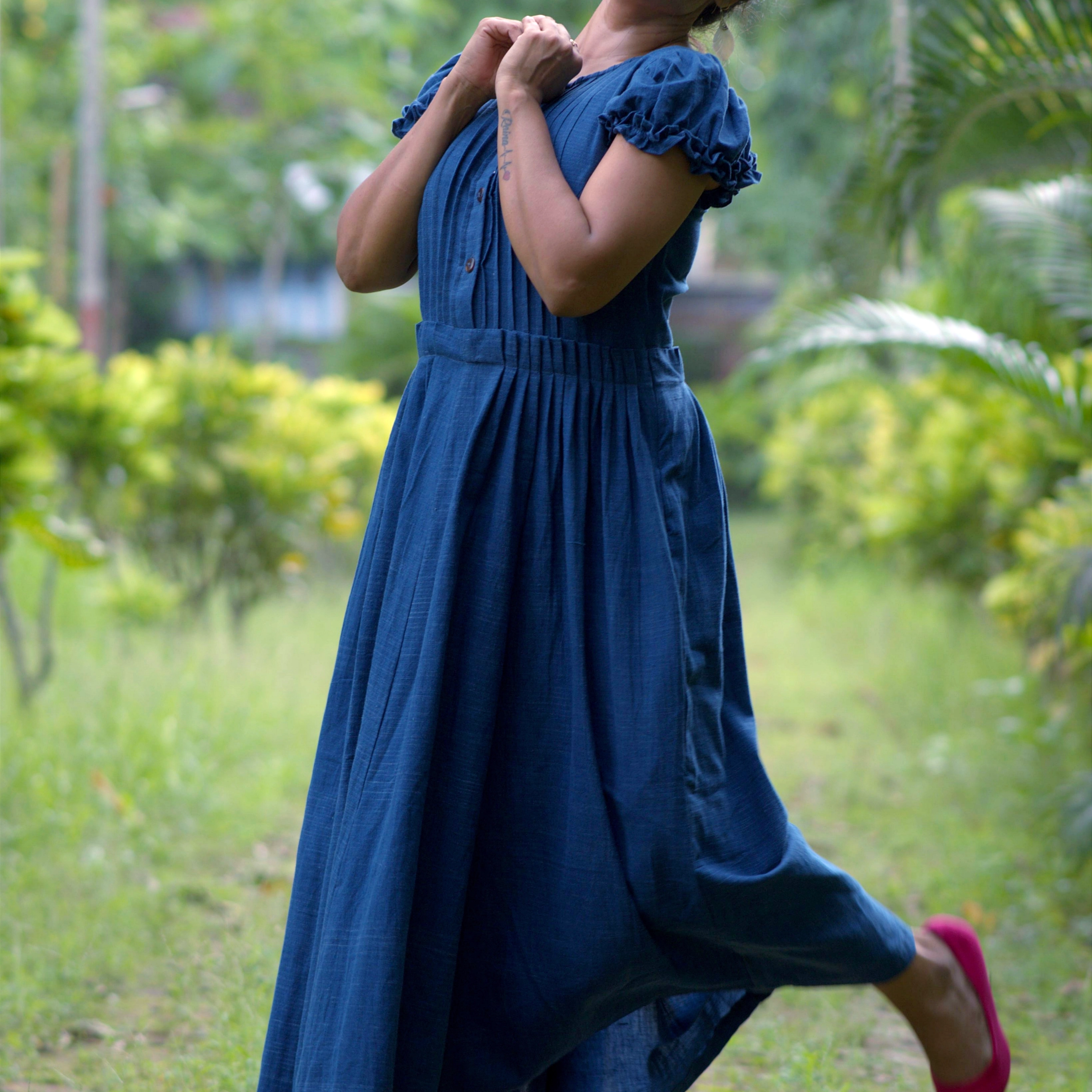 DAMSEL'S JOY - Puff Ruffle Sleeved,Front Buttoned  Indo Western Flared Summer Dress.