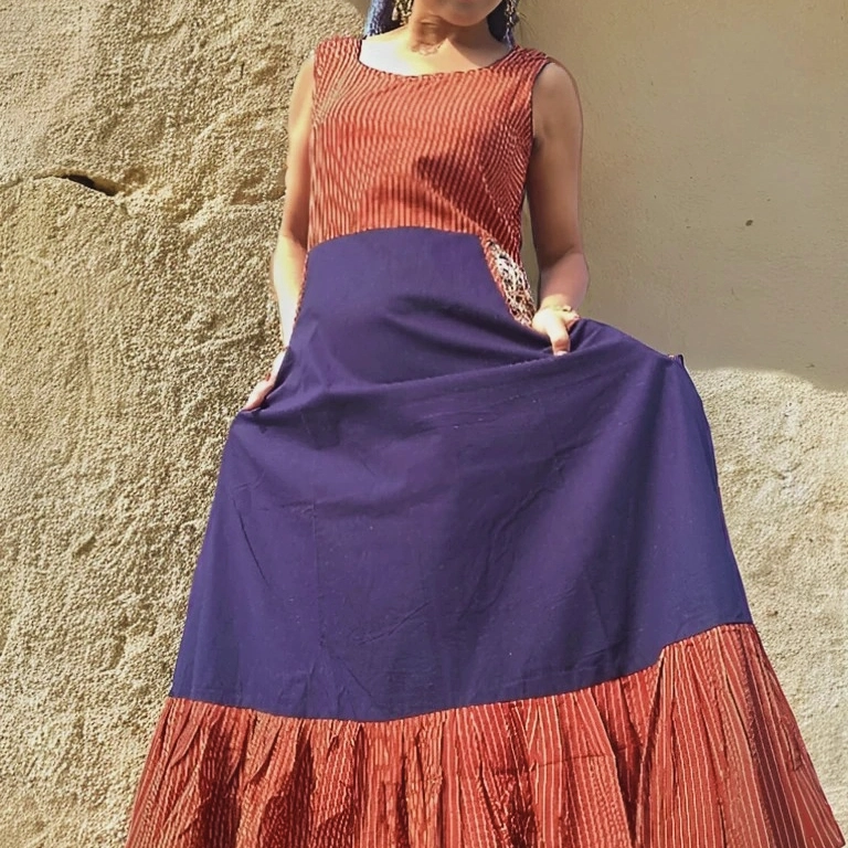 ZARANJ- Slim fit, Sleeveless One-Piece Free Flow Frilled A Line Dress with side pockets and round Neck