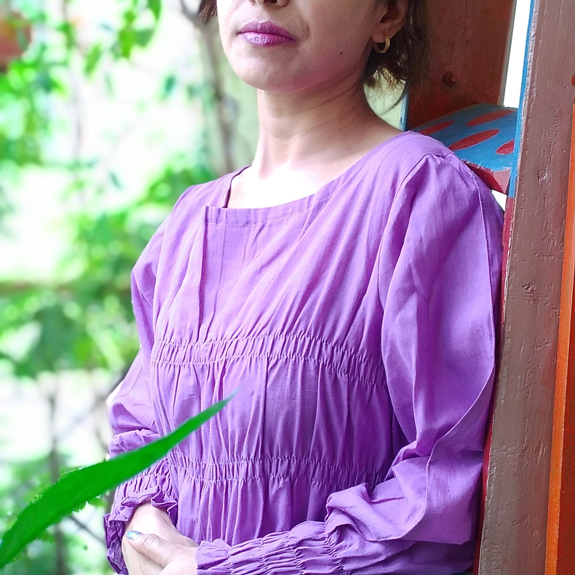 HIGH TIDES  ~ Ruffle round Neckline ruched Cuff full Sleeves flared bottom ankle Length Maxi Dress.