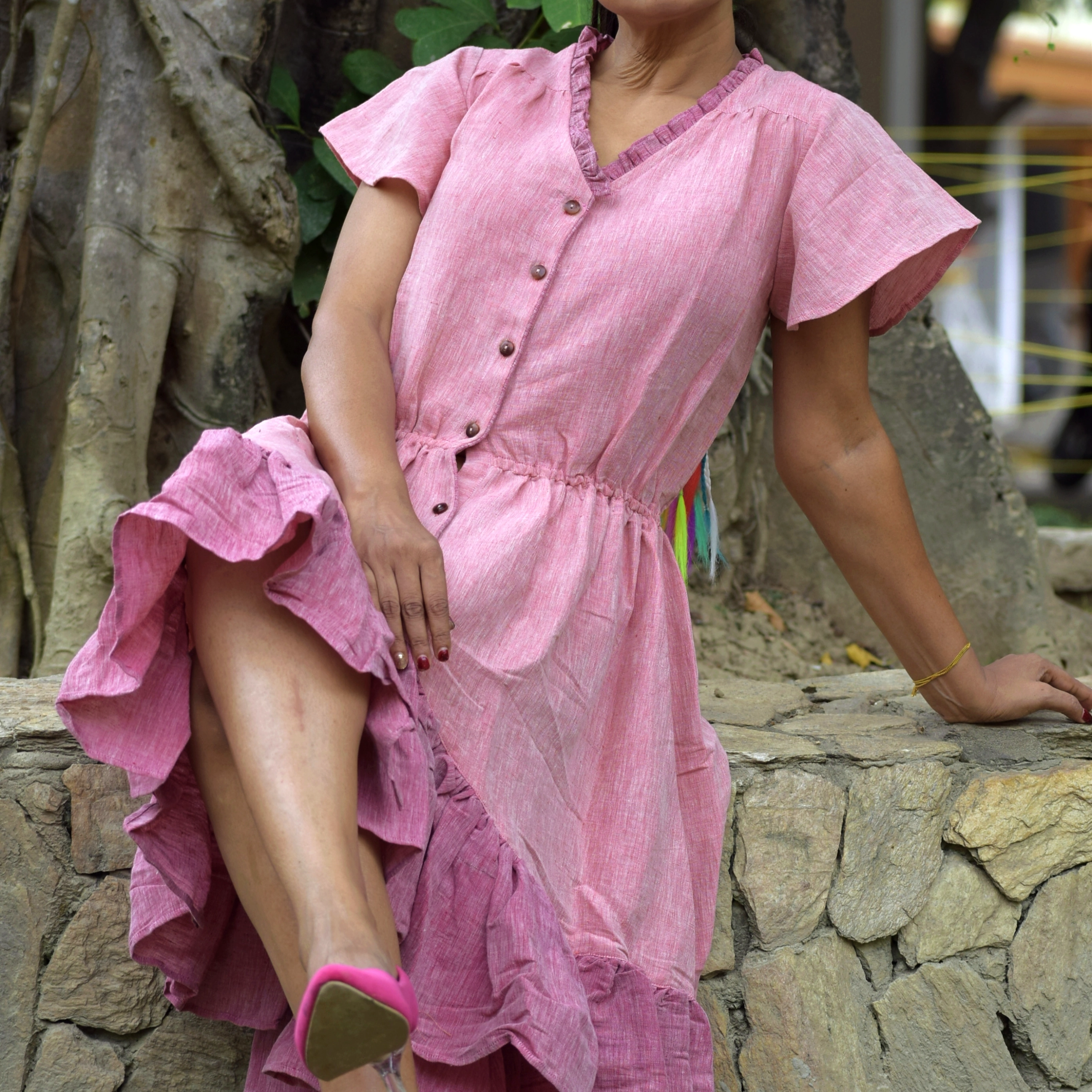 DISTANT SHORES - Premium Linen Cotton pleated V Neck Swing Dress.