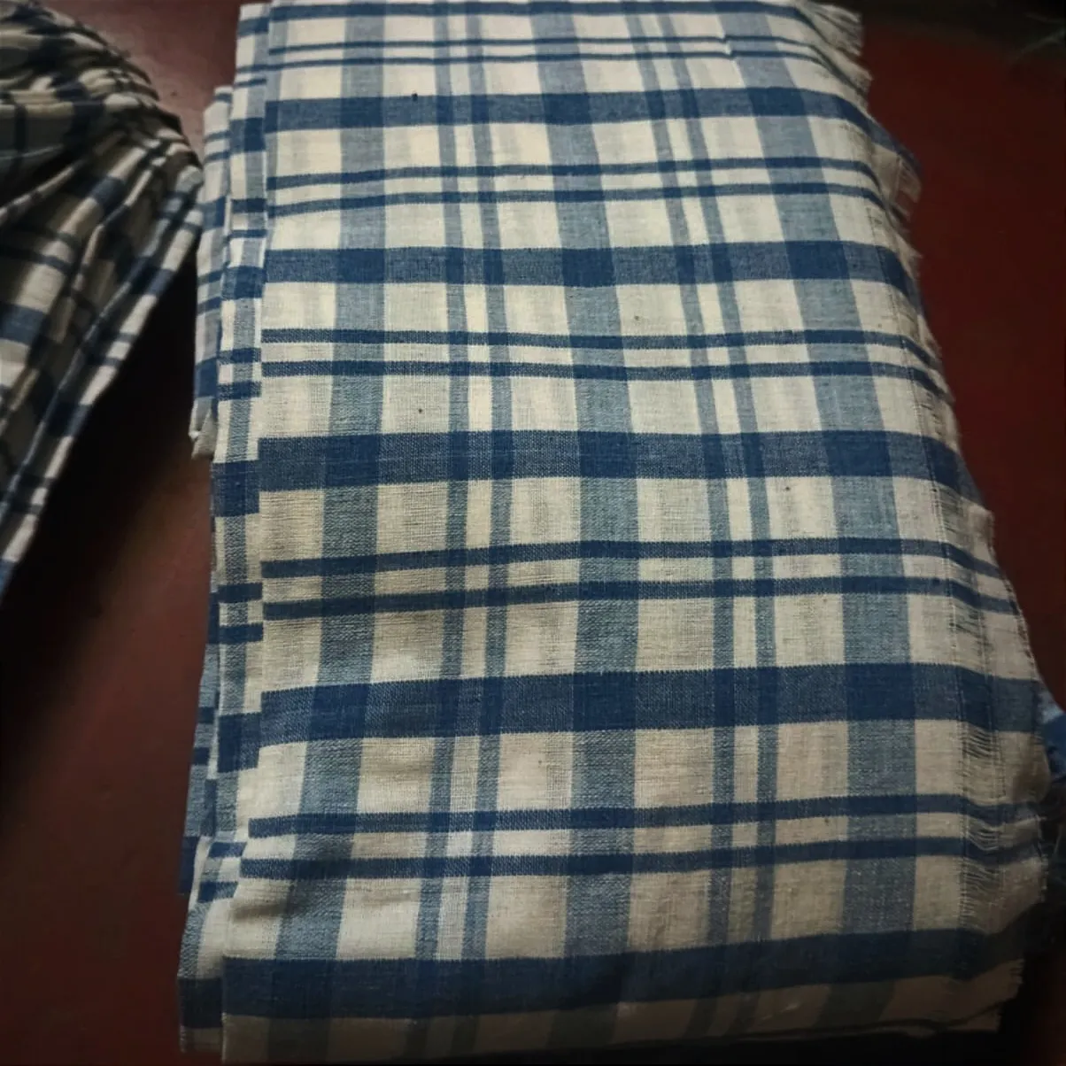 Thin & Broad Square Checks Natural Indigo Dyed Hand-Woven Cotton  Fabric - [2.5Mtrs]