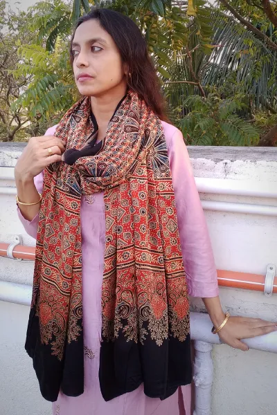 Shaukeen - Rust Red & Black Ajrakh-printed Premium Modal Silk Dupatta --Sustainably Fashionable.