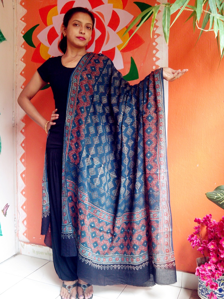 Shreeja - Indigo Blue & Red Ajrakh-Printed Premium Modal Silk Dupatta -- Fashion Statement. 