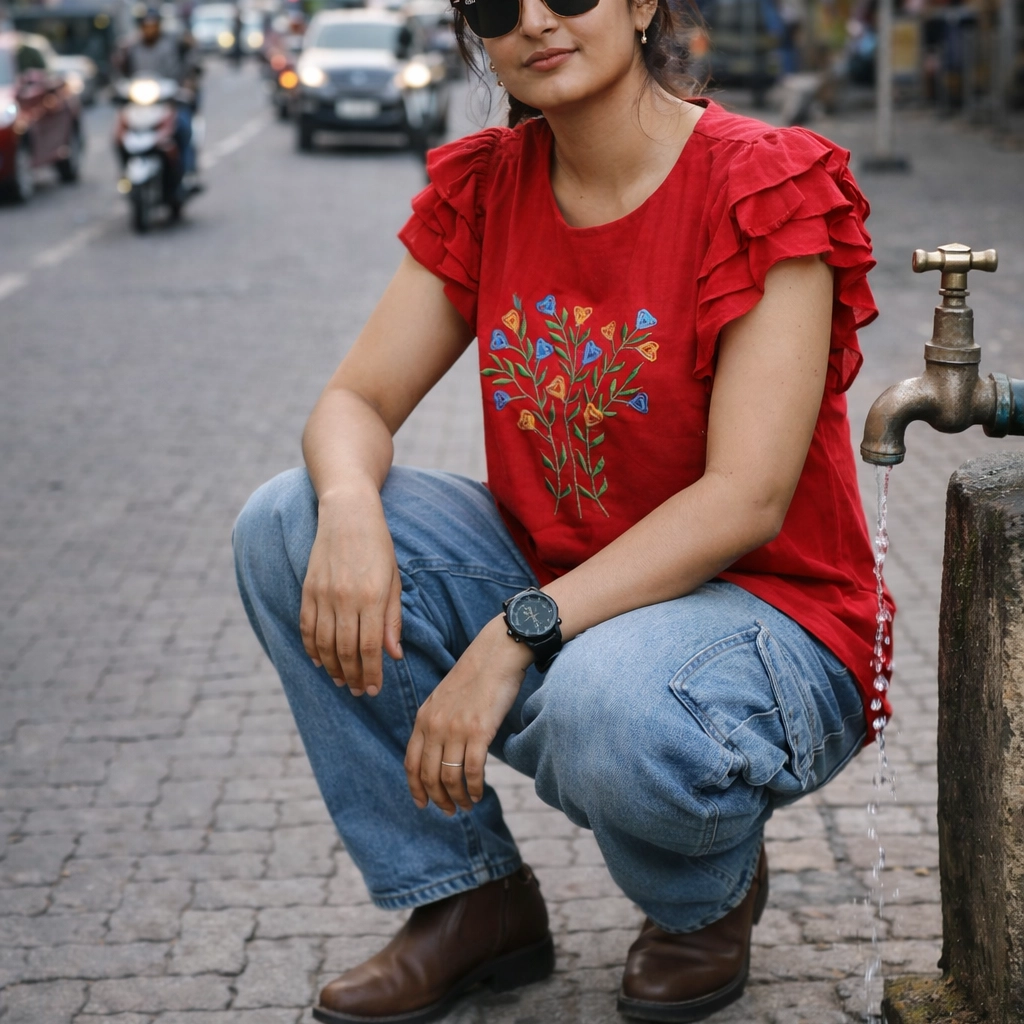 SUNNY BLISS - Peplum Hem Fitted pleated V Neck Sleeveless Top in Haze Red.