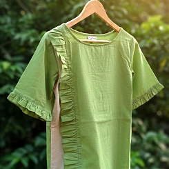 MOSS STORY -Side Frilled,Sleeves pleated Shallow Neck Top in Mint Green.