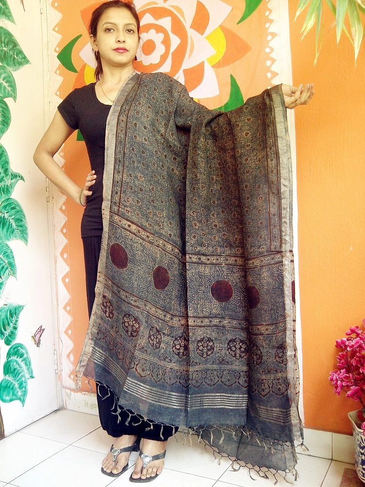 Nilakshi -Indigo Blue Ajrakh-printed Linen Dupatta With Zari Border --Your Style Signature